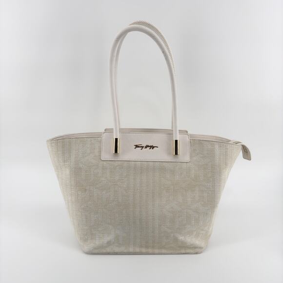 Tommy Hilfiger Tote Handbag - Canvas Large Bag with Leather Handles AW12310 - Picture 1 of 16